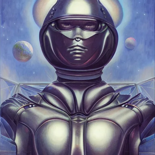 Prompt: portrait of beautiful gothic and futuristic fashion model, space armour, cyber armour, highly detailed, artstation, illustration, composition, 8 k quality, art by jean delville, rene magritte, hyperrealism oil painting