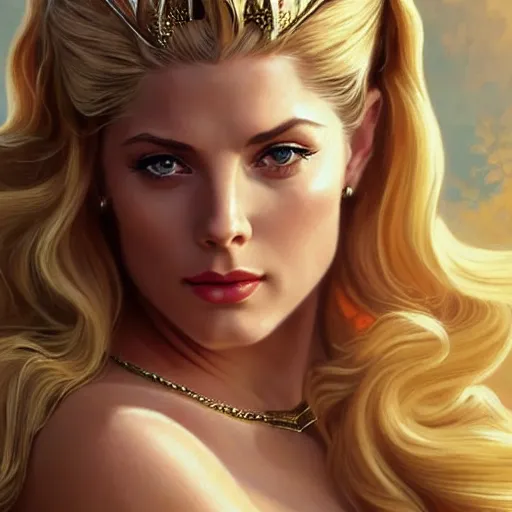 Image similar to A combination of Grace Kelly's and Katheryn Winnick's and Ashley Greene's faces as She-Ra, western, D&D, fantasy, intricate, elegant, highly detailed, digital painting, artstation, concept art, matte, sharp focus, illustration, art by Artgerm and Greg Rutkowski and Alphonse Mucha