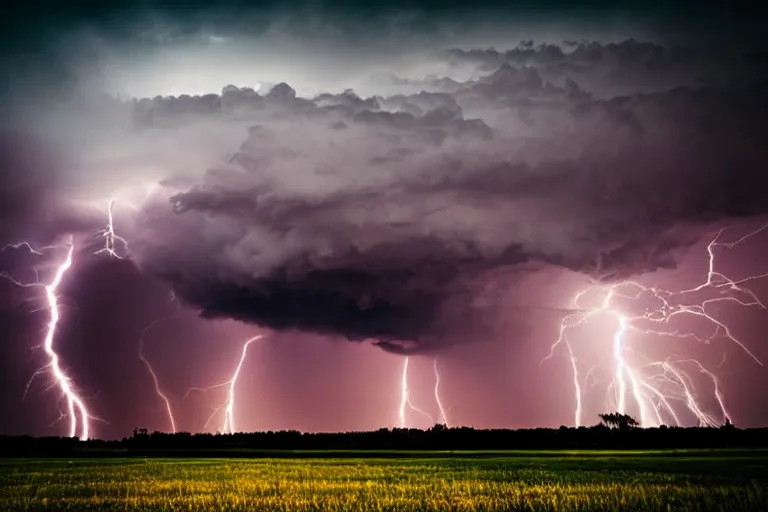 Prompt: a photograph of a tornado tornado tornado, thunderstorm supercell, lightning bolts, illuminated from various angles by setting sun light, cinematic, dramatic lighting, clouds mystic hue