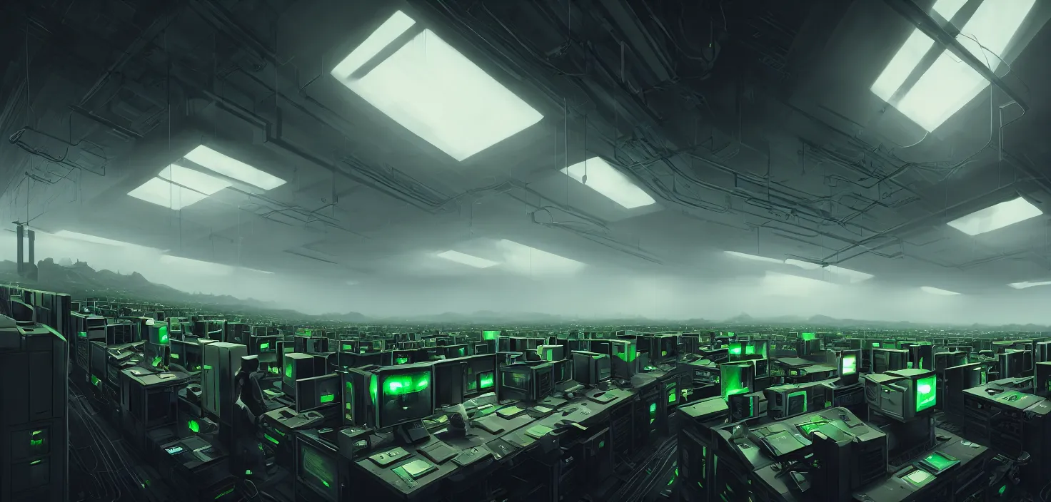 Image similar to computers, green screen, wired in, in a highly detailed server room with computers everywhere, cinematic view, epic sky, detailed, concept art, low angle, high detail, warm lighting, volumetric, godrays, vivid, beautiful, trending on artstation, by jordan grimmer, huge scene, art greg rutkowski