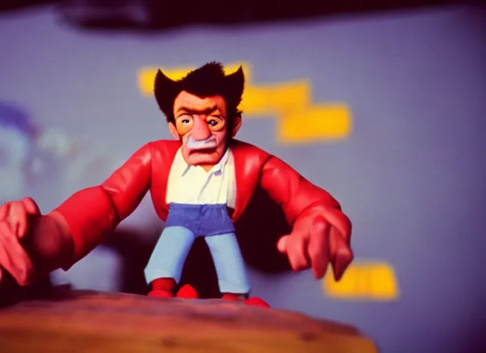 Image similar to 1 9 8 0 s cinematic screenshot cinestill portrait of a stop motion claymation film about a wacky adventure starring wolverine, shallow depth of field, 1 8 mm, f 1. 8