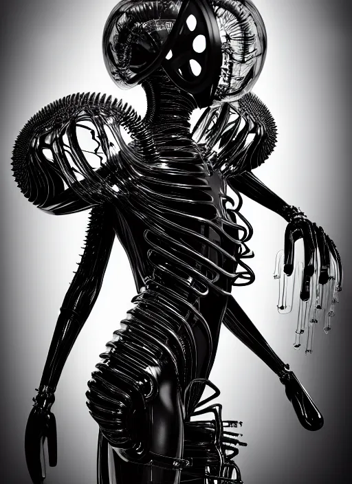 Image similar to iris van herpen gothic inflateble dark dress, perfect symmetrical body, helmet on face, full body shot, inflateble shapes, wires, tubes, veins, jellyfish, white biomechanical details, wearing epic bionic cyborg implants, masterpiece, intricate, biopunk, vogue, highly detailed, artstation, concept art, cyberpunk, octane render