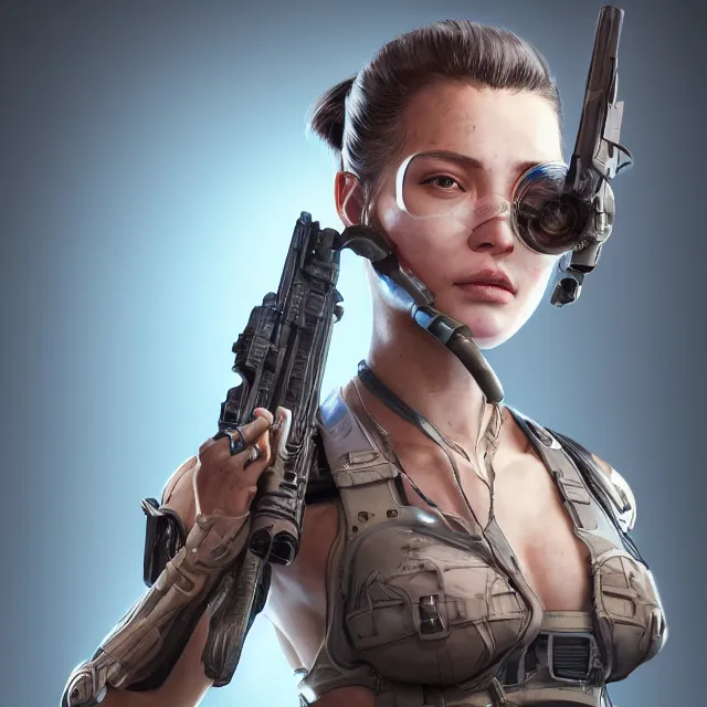 Image similar to the photorealistic portrait of lawful neutral female futuristic marine sniper as absurdly beautiful, gorgeous, elegant, young gravure idol, an ultrafine hyperdetailed illustration by kim jung gi, irakli nadar, intricate linework, bright colors, octopath traveler, final fantasy, unreal engine 5 highly rendered, global illumination, radiant light, detailed and intricate environment