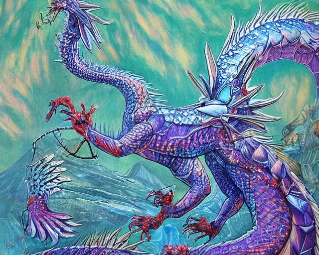 Prompt: A hyperdetailed painting of a dragon made of crystals by Bob Eggletone