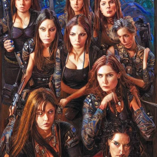 Prompt: portrait of an outlaw female gang, by donato giancola.