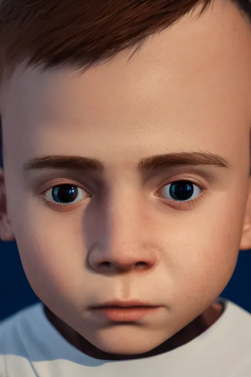 Image similar to hyperrealistic little boy close - up portrait, the portrait is decorated with art deco patterns, hyperrealistic, volumetric lighting, ultra detailed, elegant, octane render, blue and gold, 8 k, trending on artstation, unreal engine