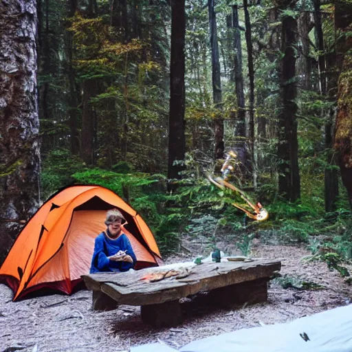 Prompt: photo of Calvin and Hobbes camping in the forest