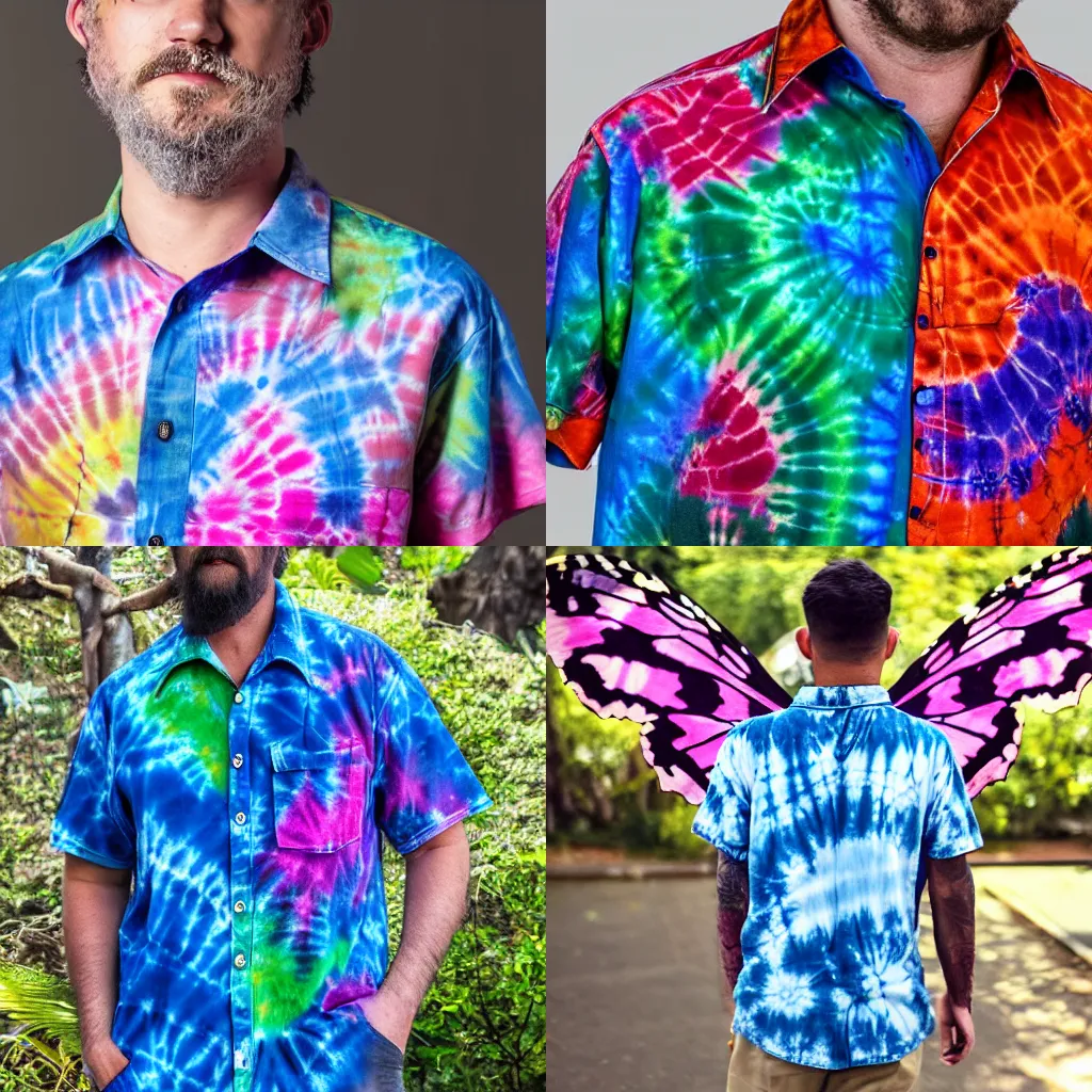 Prompt: a man wearing a tie dyed Hawaiian shirt with butterfly wings, phot realistic, natural lighting, matt finish