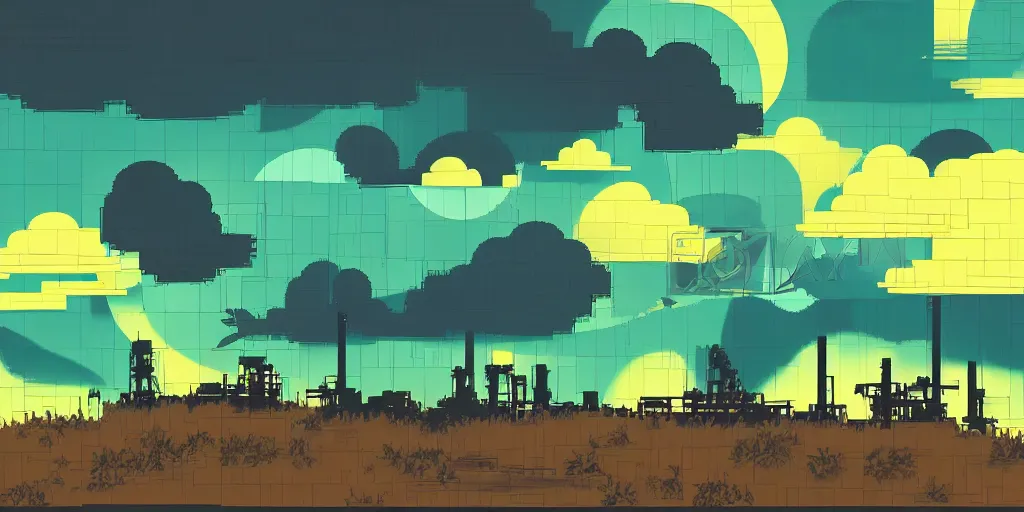 Prompt: 2D silhouette watching post-industrial landscape with distorted clouds, 8 bits graphics, flat, SNES game, crushed quality, low contrast, low light, color gradient, low saturation, heavy color compression filter,