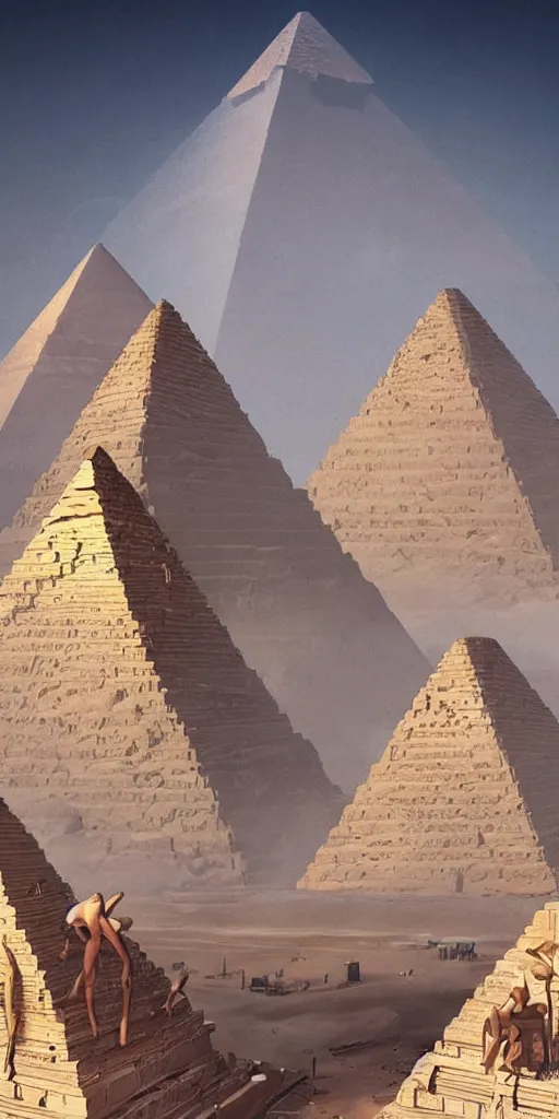 Prompt: symmetry!! egyptian gods building the pyramids, surreal, dreamlike, lucid dream, very detailed, perfect lighting, perfect composition, 4 k, artgerm, derek zabrocki, greg rutkowski