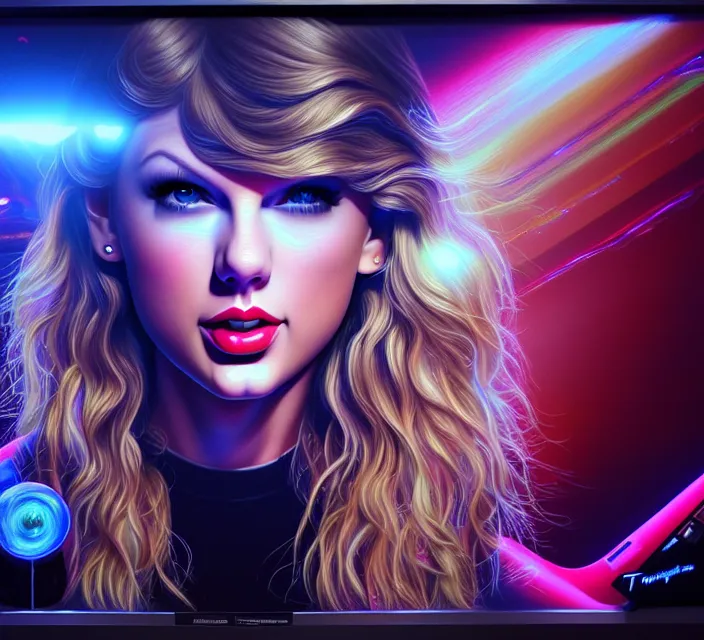 Image similar to Taylor Swift in her private jet in holograms of alien artifacts, electrical case display, total recall tech, ultrarealistic, dramatic lighting, electrical details, high details, 4k, 8k, best, accurate, trending on artstation, artstation, photorealism, ultrarealistic, digital painting, style of Tristan Eaton Stanley Artgerm and Hajime Sorayama, Caravaggio, Boris Vallejo