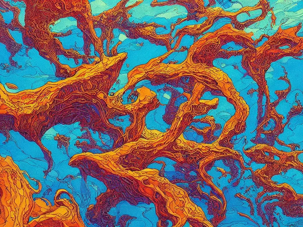 Prompt: moebius drawing painting alien landscape vibrant colors liquid