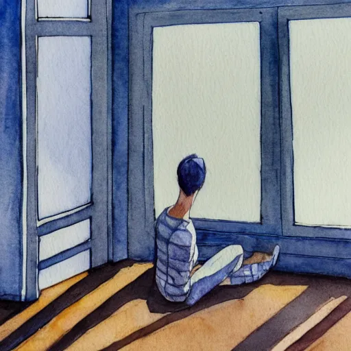 Prompt: person in pyjamas standing near window, sun rays, daylight, big french door window, 2 4 mm, wooden floor, modern, blue sky, photorealistic, high ceiling, watercolor painting