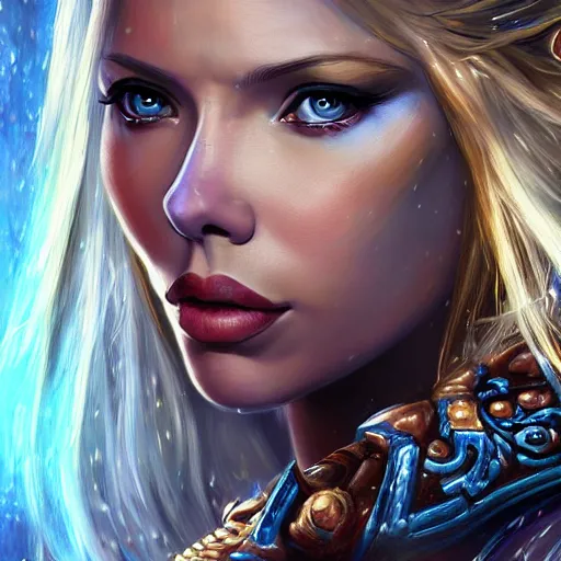 Prompt: Ultrarealistic illustration scarlet johansson as kleia from warcraft ascended angel, blue skin, portrait, beautiful, sci-fi high fantasy, intricate, elegant, highly detailed, digital painting, artstation, concept art,