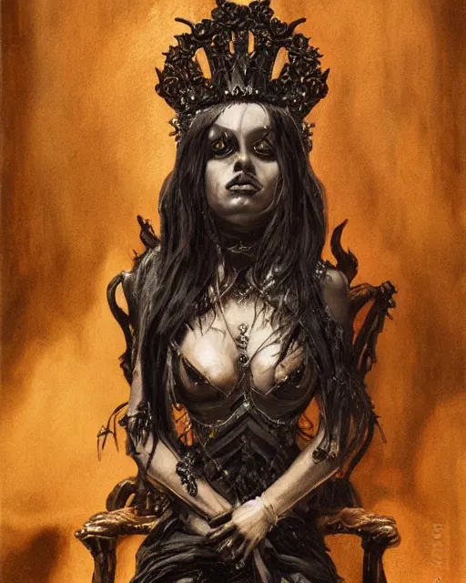Prompt: an illustration of a dark queen on a throne at night by jose alsina, realistic, detailed, oil painting, 1 9 th