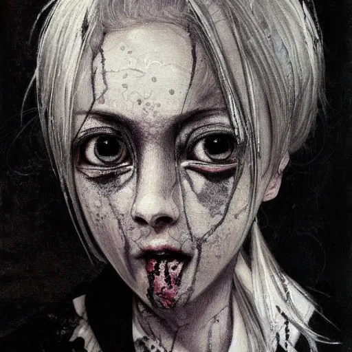 Image similar to Yoshitaka Amano realistic illustration of an anime girl with white hair and cracks on her face wearing dress suit with tie fluttering in the wind, abstract black and white patterns on the background, noisy film grain effect, highly detailed, Renaissance oil painting, weird portrait angle