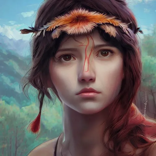 Image similar to a beautiful scenic painting of a beautiful young woman that looks like princess mononoke by artgerm and wlop and wes anderson and spike jonze