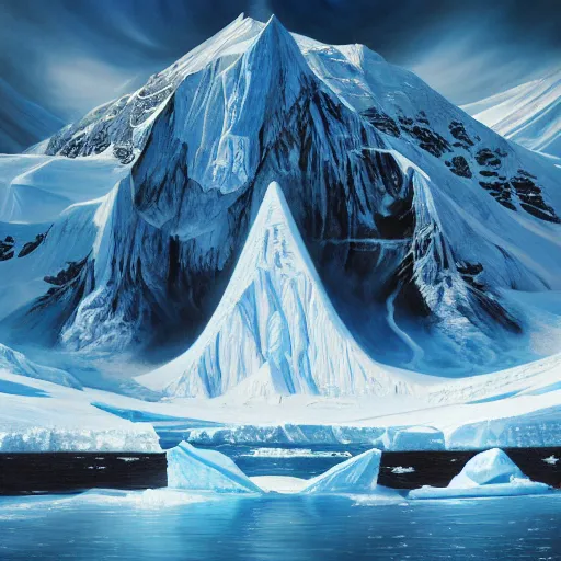 Image similar to mysteries of Antarctica glacial cult mountain god, realistic fantasy, oil painting, extremely high detail, photorealistic, cinematic lighting, oil painting, intricate line drawings, 4k resolution