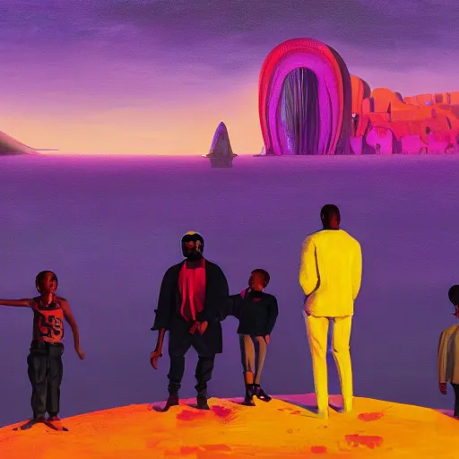 Image similar to A painting of Kanye West and his family looking on at the horizon, afrofuturism, Simon Stalenhag, 8K concept art, purple skies, intricate details, minimal artifacting