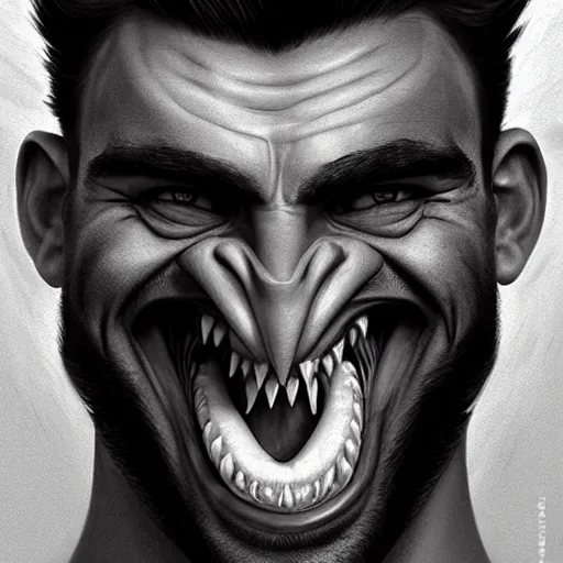 Image similar to Extremely funny face of very manly Gigachad with very big jaws, big eyebrows, smile like trollface jaw tilted on side, painting on grey scale face, powerful , magic, thunders, dramatic lighting, intricate, wild, highly detailed, digital painting, artstation, concept art, smooth, sharp focus, illustration, art by artgerm and greg rutkowski and alphonse mucha, footage