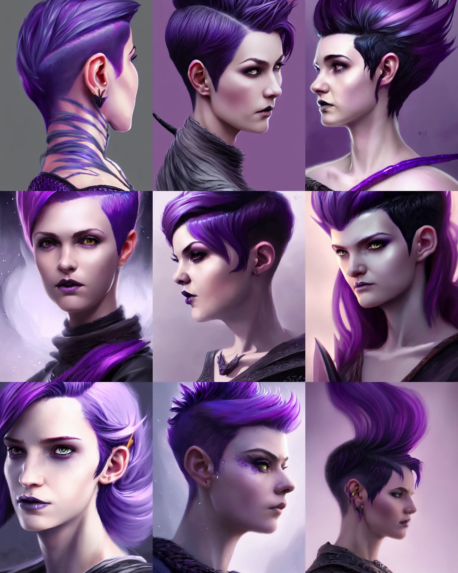 Prompt: Close-Up photograph of an attractive young adult female witch sorcerer, D&D fantasy magic, pixie undercut hairstyle, black to purple hair-fade color, ice magic, intricate, highly detailed, digital painting, artstation, concept art, sharp focus, illustration, art by greg rutkowski and ross draws