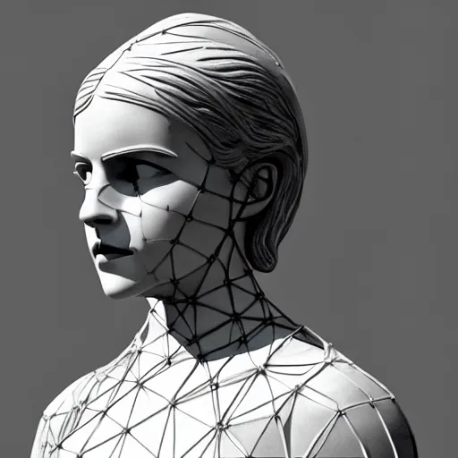 Prompt: emma watson, statue, chrome, reflect, wireframe, photograph