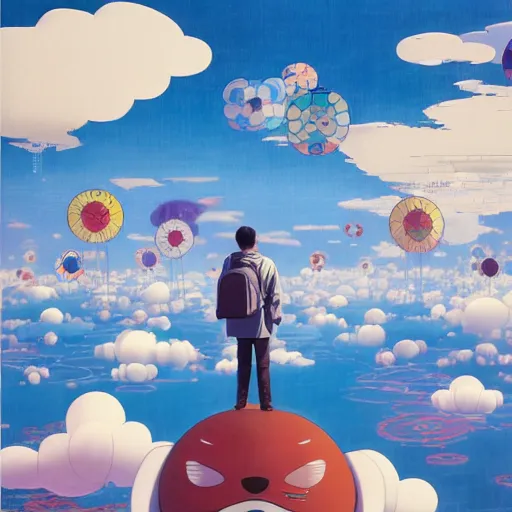 Image similar to a man walking on clouds away from the camera above kyoto by takashi murakami, beeple and james jean, aya takano color style, 4 k, super detailed, modern, 4 k, symmetrical