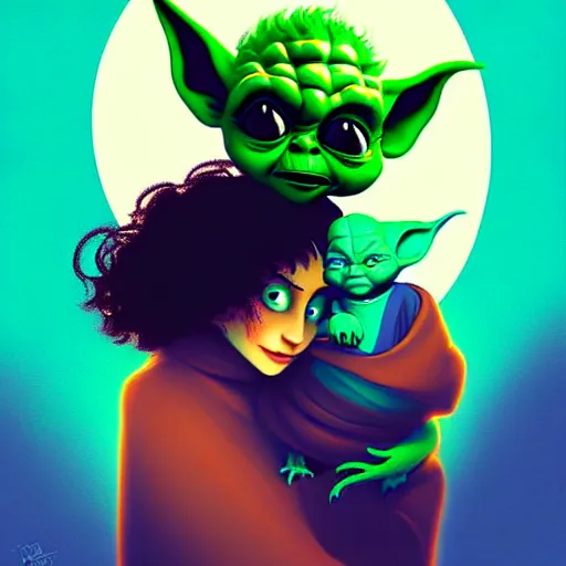 Image similar to curled perspective digital art of curly brown hair baby girl with baby yoda by anton fadeev from nightmare before christmas