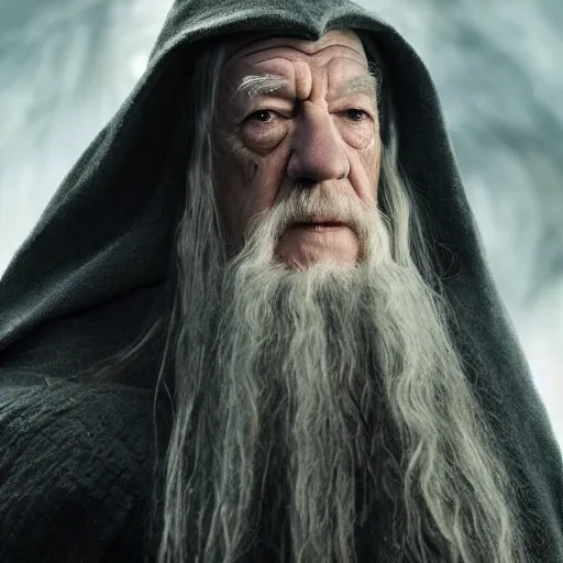 Prompt: profile photo of the evil ian mckellen as gandalf in a dark viking hood playing odin all father from the thor movie, highly detailed, cinematic shot, cinematic lighting, 8 k, exquisit facial detail