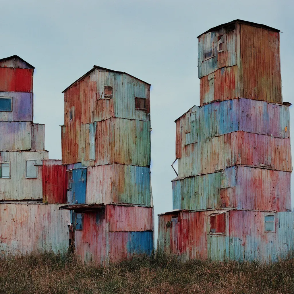 Image similar to two towers made up of colourful makeshift squatter shacks with faded colours, plain uniform sky at the back, soft focus, mamiya rb 6 7, f 1. 8, photographed by uta barth