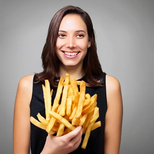 Prompt: comically large french fry next to person