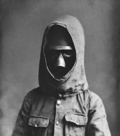 Image similar to full body portrait of a man at distance wearing hooded beaked mask covering his entire face, ww1 film photo, grainy, high detail, high resolution