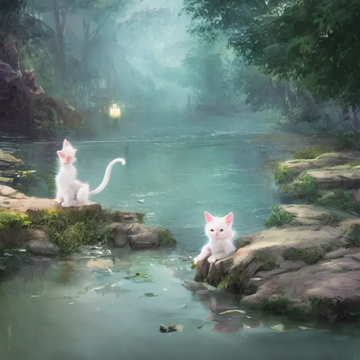 Image similar to a painting of a cute kitten at a river. character design by cory loftis, fenghua zhong, ryohei hase, ismail inceoglu and ruan jia. volumetric light, detailed, rendered in octane