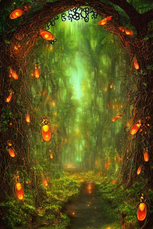 Image similar to a beautiful digital illustration painting of a detailed gothic fantasy fireflies forest trees and iron gate vines by lisa frank, james gurney, 8 k resolution trending on artstation concept art digital illustration