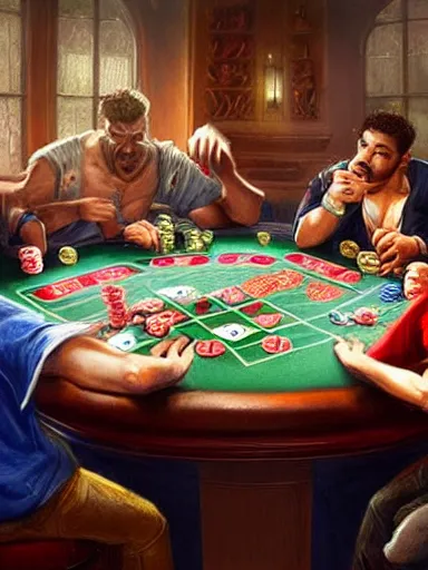 Prompt: half dozen guys arguing over a game of poker. caotic fight intricate, elegant, highly detailed, digital painting, artstation, concept art, sharp focus, illustration, by justin gerard and artgerm, 8 k