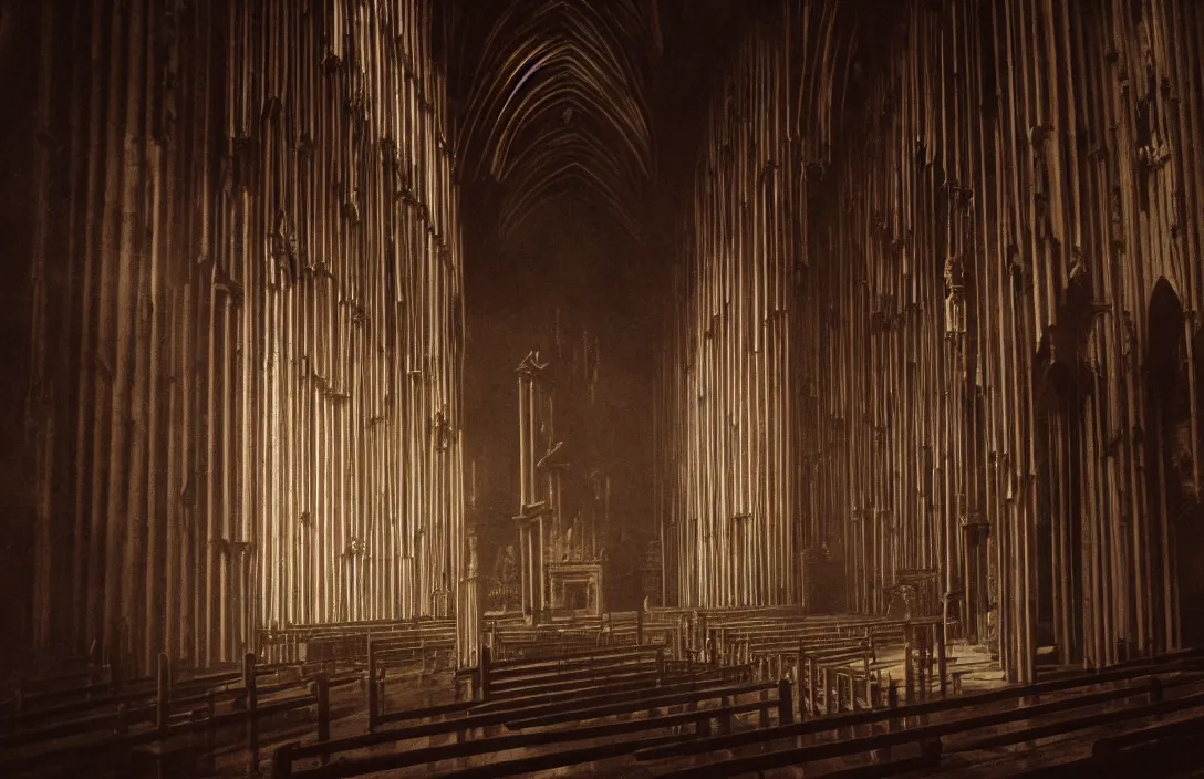 Prompt: detail of a past world in this church interior, vertical lines suggest spirituality, rising beyond human reach toward the heavens. gnarly intact flawless ambrotype from 4 k criterion collection remastered cinematography gory horror film, ominous lighting, evil theme wow photo realistic postprocessing animatronics painting by claude gellee