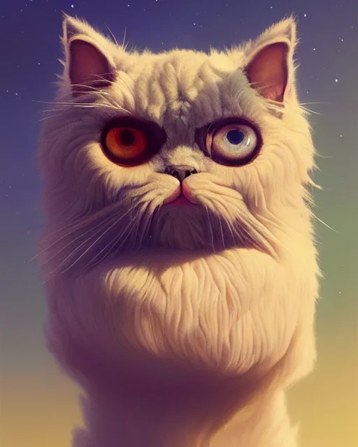 Image similar to highly detailed surreal vfx portrait of a persian cat, stephen bliss, unreal engine, greg rutkowski, loish, rhads, beeple, makoto shinkai and lois van baarle, ilya kuvshinov, rossdraws, tom bagshaw, alphonse mucha, global illumination, detailed and intricate environment