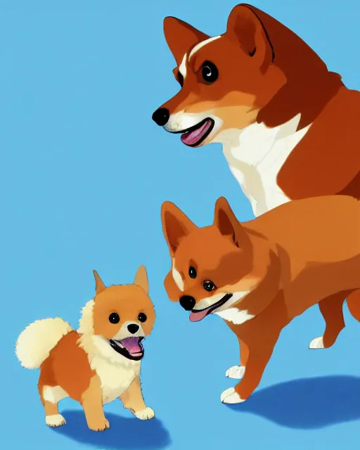 Prompt: illustration of a corgi and a maltipoo playing together by disney and studio ghibli, studio ghibli color scheme, cgsociety, artstation, sharp focus, digital painting