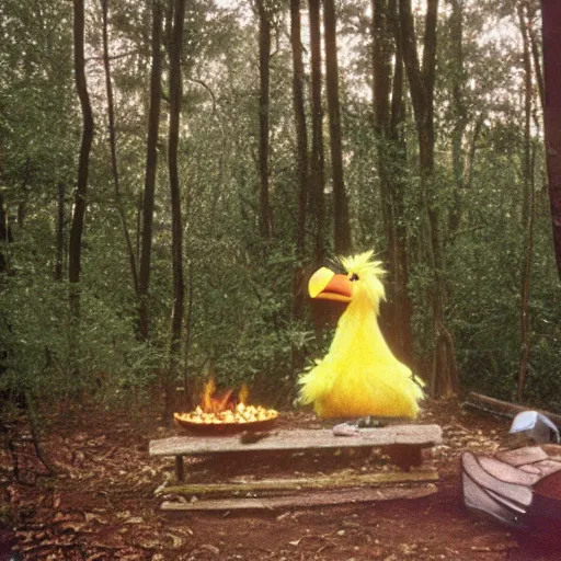 Prompt: big bird from Sesame Street camping in the woods, 1960s color photograph