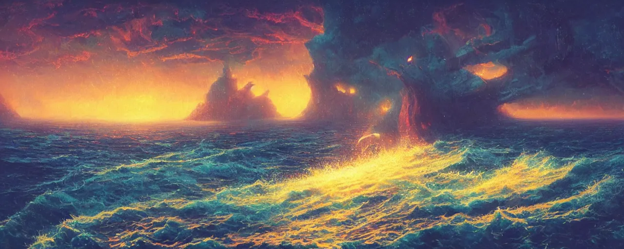 Prompt: ” still ocean, [ art by paul lehr, cinematic, detailed, epic, widescreen, opening, establishing, mattepainting, photorealistic, realistic textures, octane render ] ”