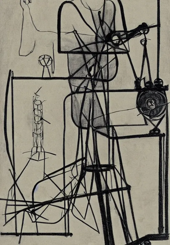 Image similar to a concept drawing of marcel duchamp holding up a chess - piece wire - machine, a surrealist painting by marcel duchamp, complex artificial - intelligence machinery, minimal sketch flow - chart, academic art, 1 9 2 0 s