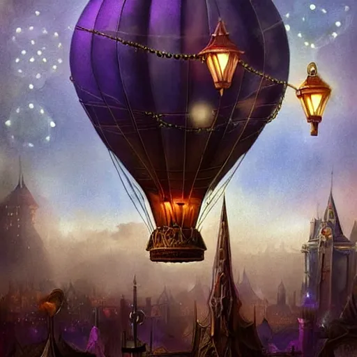 Image similar to a beautiful stunning fantasy whimsical matte digital illustration of a scene of a steampunk! hot - air balloon over a lit steampunk! city at night by marc simonetti, pastel color palette, disney magic the gathering steampunk!!!, chiaroscuro magical! bokeh moon stars dramatic romantic! epic breathtaking, clock tower,, trending on artstation hq, masterpiece