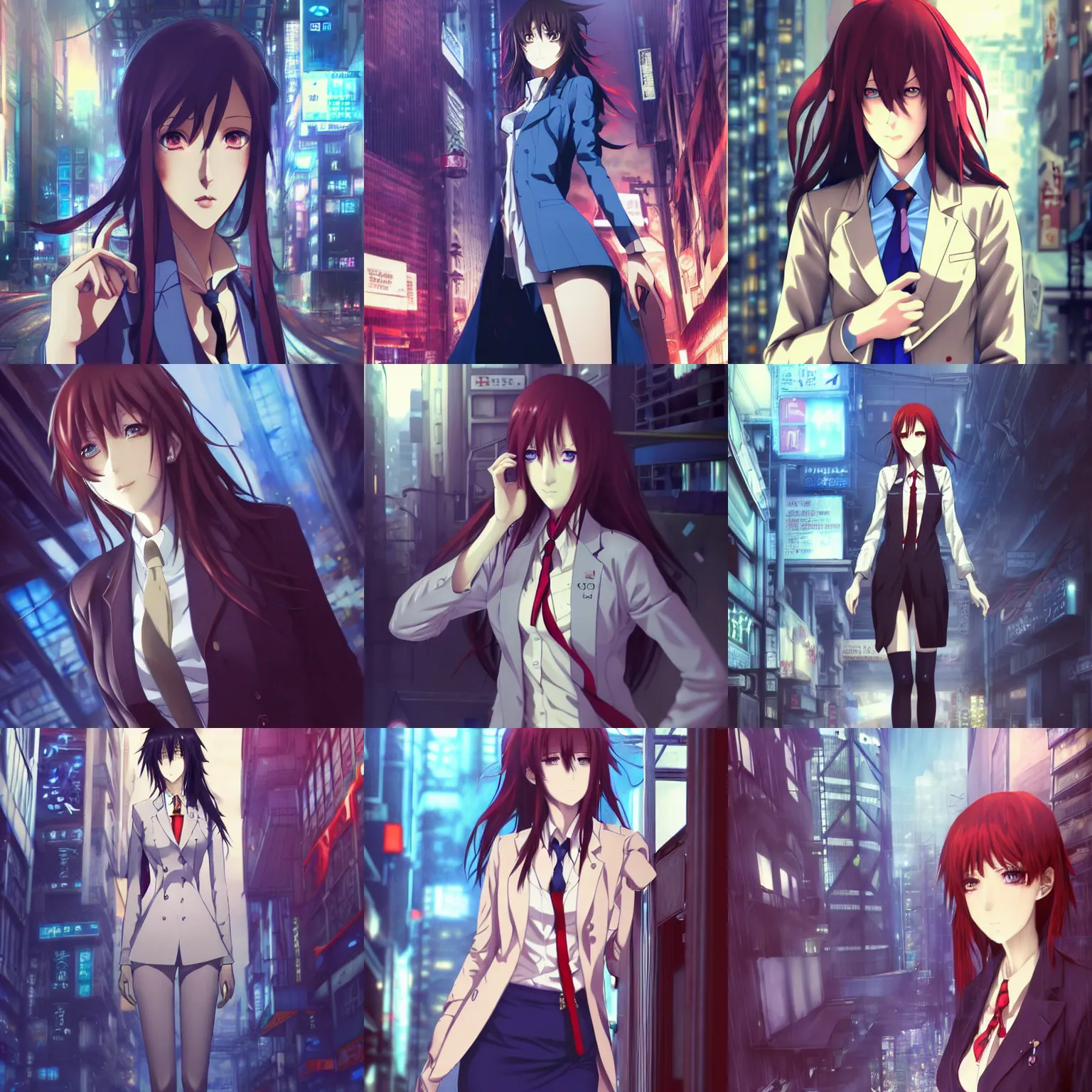 Image similar to kurisu makise steins gate in cyberpunk city, anime atmospheric, ultra realistic, standing, elegant, super highly detailed blue eyes, red tie, professional digital painting, artstation, concept art, 8k, art by wlop, artgerm and alphonse mucha and eiichiro oda