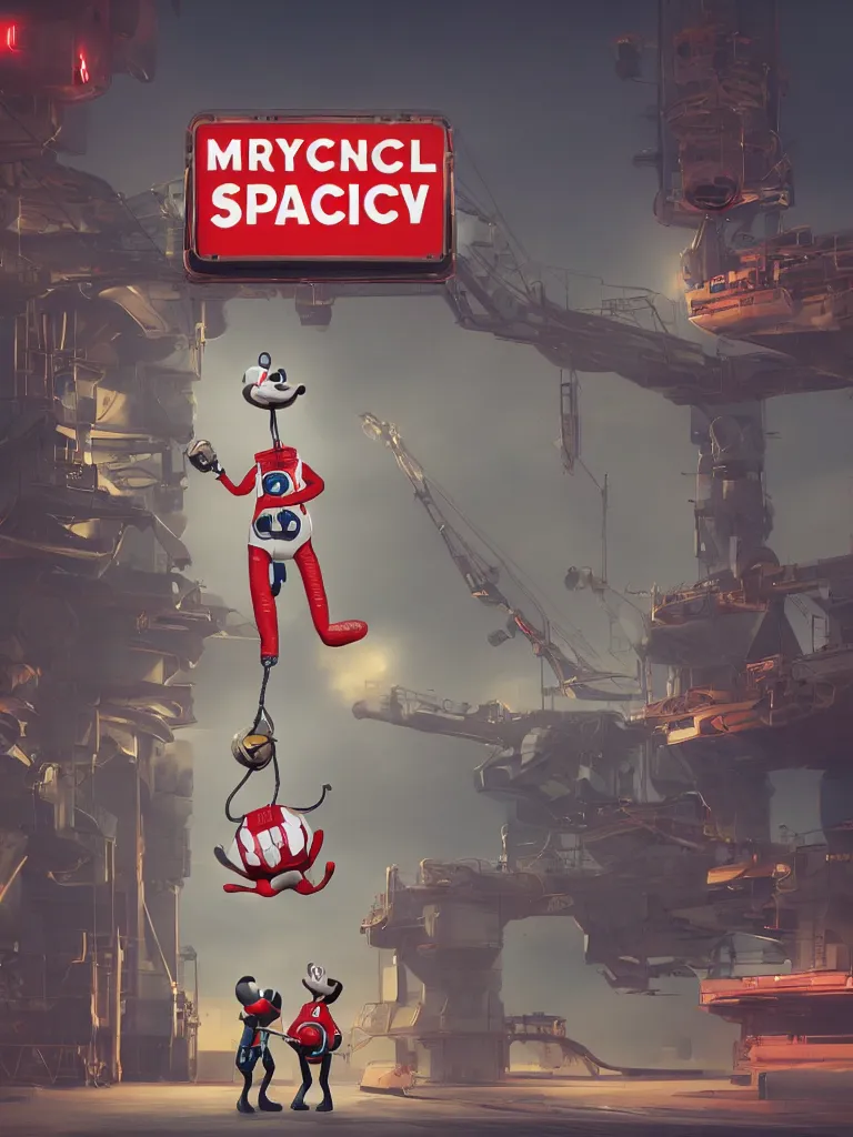 Image similar to graphic art of dystopian futuristic 1 0 mechanic surgeons in space suits, operate on a huge mickeymouse!! severedhead!!!! held by a crane. ominous glowing red netflix!!! sign in the background, trending on art station, beeple!!, clean concept art, smooth, octane render