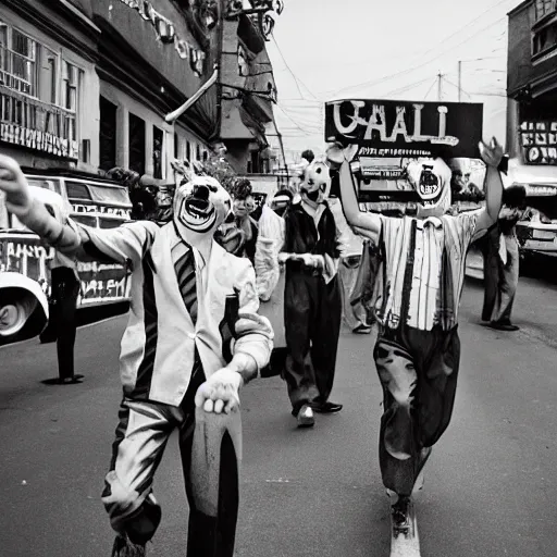 Image similar to gang of 1950s clowns protesting in the streets, shot on point and shoot camera