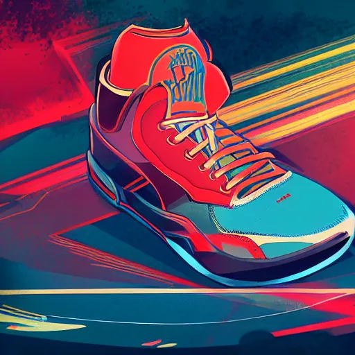 Prompt: basketball sneaker concept art, retrowave, sharp focus, illustration, concept art by tooth wu