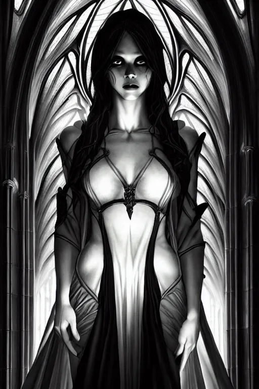 Prompt: an ultradetailed portrait of a gorgerous female fantasy angel, gothic cathedral church, by alex ross, artgerm and wlop, dramatic lighting, moody, directional lighting, cool beauty, spooky, mystery, cold eyes, volumetric lighting :. 3, trending on pixiv and pinterest