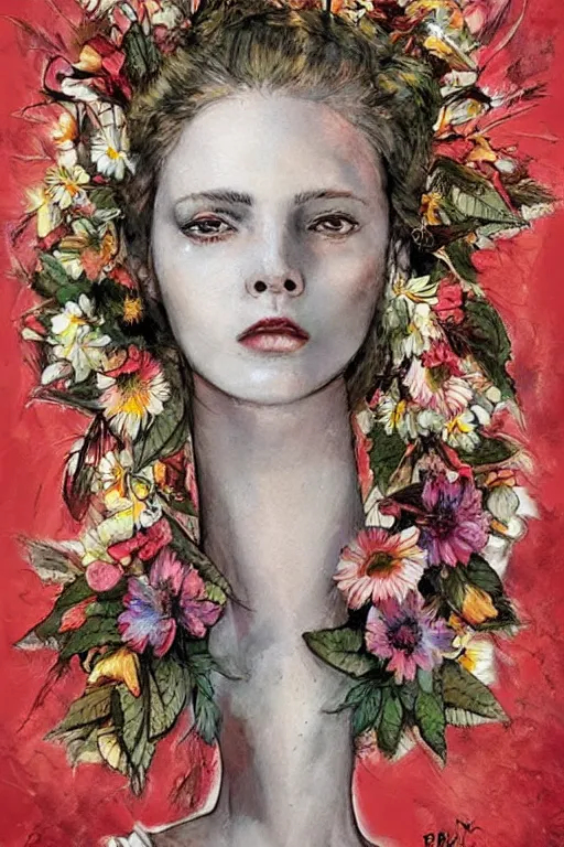 Prompt: portrait fashion model a wreath of spring flowers on her head artwork by enki bilal