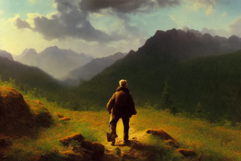 Prompt: a traveler wandering trough the mountains looking at the clouds, very detailed, focused, oil painting, cinematic lighting, albert bierstadt, trending on artstation, colorful, canvas, sunset, hans dahl, theodor kittelsen, hermann hendrich, national geographic, Konstantin Yakovlevich Kryzhitsky, beautiful nature, breathtaking, nordic