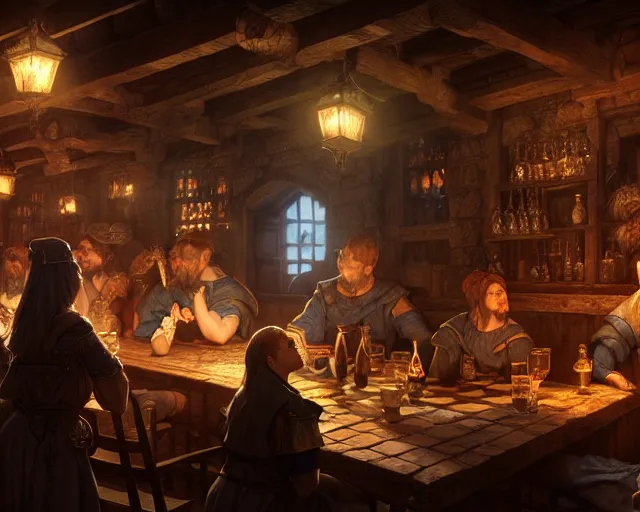 Image similar to a medieval tavern, beautiful, detailed, realistic detailed patrons, dark, concept art illustration, color page, tone mapping, akihiko yoshida, james jean, andrei riabovitchev, marc simonetti, digital illustration, greg rutowski, volumetric lighting, sunbeams, particles